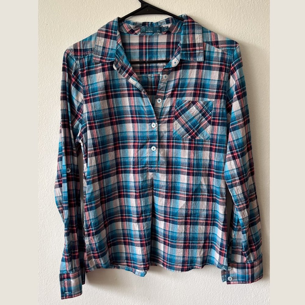 Prana Gina Plaid 3/4 button down blouse with roll-tab sleeves